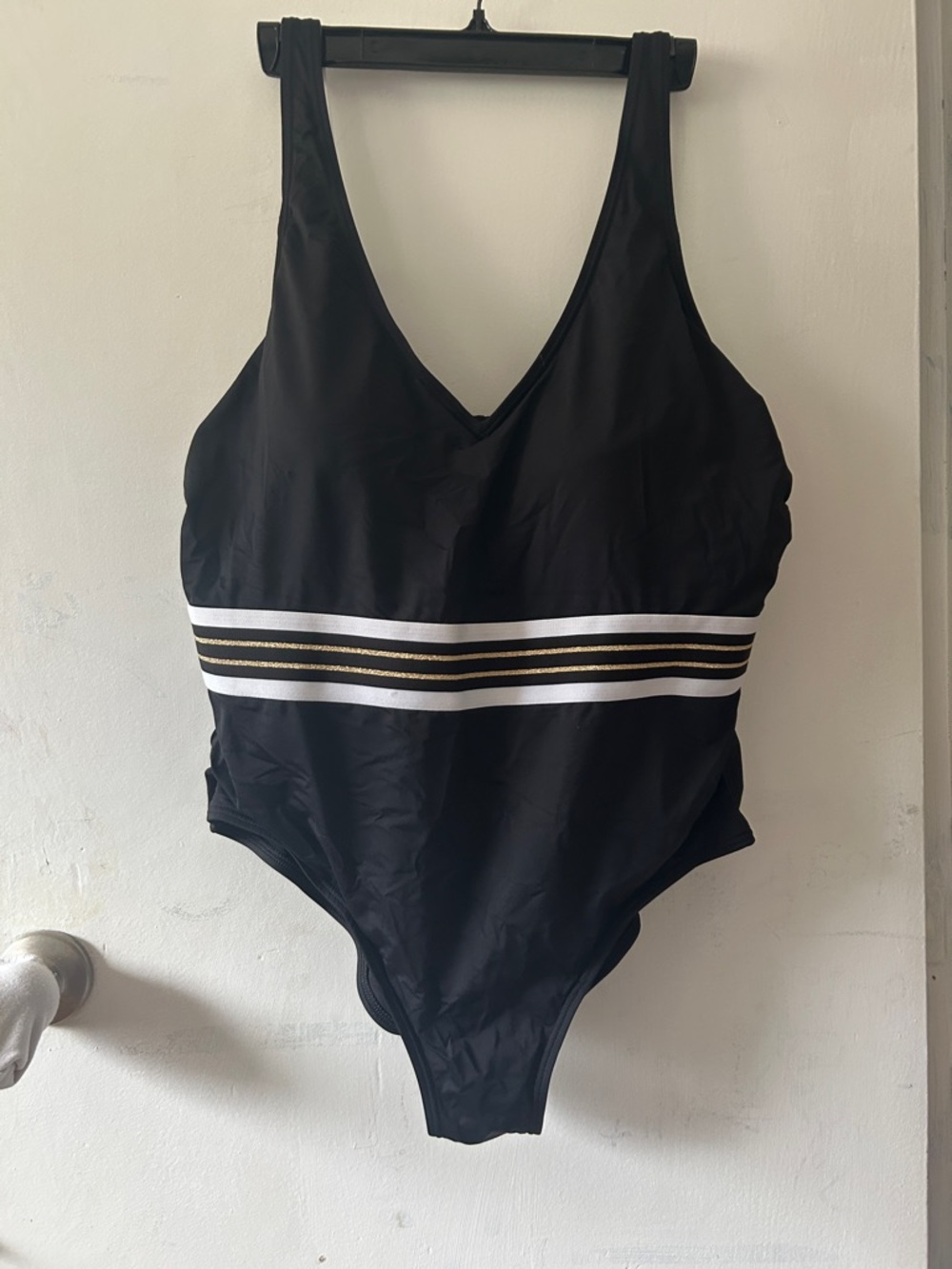 Addition Elle Black One-Piece Swimsuit with White and Gold Stripes
